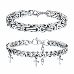 LOCCY Armband Herren, 2 Stück Silber Edelstahl Herrenarmbänder 🎁 Panzerkette Armband Glieder Link Armkette für Männer Jungs Papa Sohn Ehemann Freund Silber Armband Set#3 21.0 Zentimeter