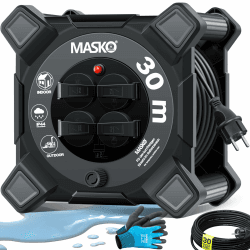 MASKO® Kabeltrommel 30m | Verlängerungskabel mit Schutzkontaktsteckdosen & Wickelgriff | Outdoor Kabelaufroller Thermoschutz | Gerätetrommel IP44 1000W ~ 3000W | inkl. Tragegriff und Montagehandschuhe 30m Schwarz / Anthrazit 🛠️🔌🔋