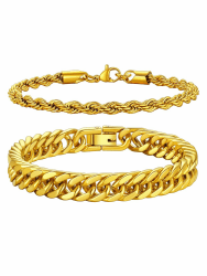 Richsteel Edelstahl 3 Stück Armbänder Kette für Männer Frauen Silber/Gold/Schwarz Cuban/Rope Link Chain Armbänder Set 9MM und 8MM Breite kubanische Gliederkette & 3MM Breite Seil Gliederkette 19cm Gold-2St.a 🌟