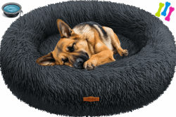 🐶 Lovpet® Hundebett Hundekissen Katzenbett Bagel, Waschbar, Inkl. Napf + 3X Kauknochen, Hundesofa flauschig Kissen Rund aus Plüsch für Kleine, Mittelgroße & Große Hunde, Katzen [3XL, Ø 100cm Anthrazit]