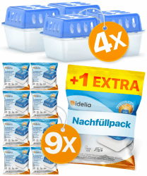 Idelia® 4x Luftentfeuchter + 9x 400g Nachfüllpacks - Raumentfeuchter für Bad, Keller uvm. bis 40m² 🌬️🏠