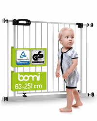 BOMI TÜV GS Siegel Schutzgitter XXL Merle | Ohne Bohren | 90° Stop | Schließt automatisch | Türschutzgitter schmal weiß Metall