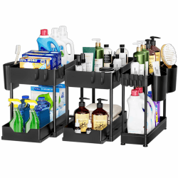 Puricon 3 Stück Ausziehbar Unter Waschbecken Regal 🌟 2 Etagen Standregal Küche Arbeitsplatte Regal Organizer 🚀 Mehrfunktional Storage Rack Küchenregal Unterschrankregal Spülschrankregal -Schwarz Schwarz 3