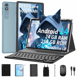 QDDQ Tablet 10 Zoll mit Tastatur, Android 14 Tablet mit 24GB+256GB, 1TB Expand, 8-Core, 8000mAh, 5G WiFi, Widevine L1, GMS, 1280P FHD, 2 in 1 mit Tastatur, Maus, Stylus (Schwarz) 🚀📱