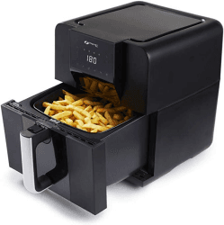 MAGNANI schwarze Heißluftfritteuse mit 5,5 l Fassungsvermögen, 60 Minuten Timer, 80 bis 200°C, 1700 Watt, zum Backen, Braten, Rösten & Frittieren
