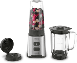 Krups KB17GD Pulseo Mini-Standmixer | 400 Watt | Powelix-Technologie | herausnehmbare Klingen | 2 Geschwindigkeiten | Textur-Kontrolle | Glasbehälter und Tritan-Mixbehälter | Silber/Grau
