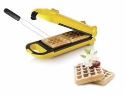 BLACK FRIDAY PRINCESS Waffeleisen, 700 W, für 2 dicke Belgische & Brüsseler Waffeln gleichzeitig, Doppel Wafflemaker, kleine Waffelmaschine mit Waffel-Gabel gelb