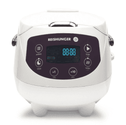 Digitaler Reishunger Mini Reiskocher und Dampfgarer in Weiß - Warmhaltefunktion, Timer & Premium Topf - kleiner Multikocher, 8 Programme, 7-Phasen-Kochtechnologie, 1-3 Personen