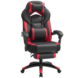 Gamingstuhl, Bürostuhl mit Fußstütze, Schreibtischstuhl, ergonomisches Design, verstellbare Kopfstütze, Lendenstütze, bis zu 150 kg belastbar, Schwarz-Rot, OBG77BR