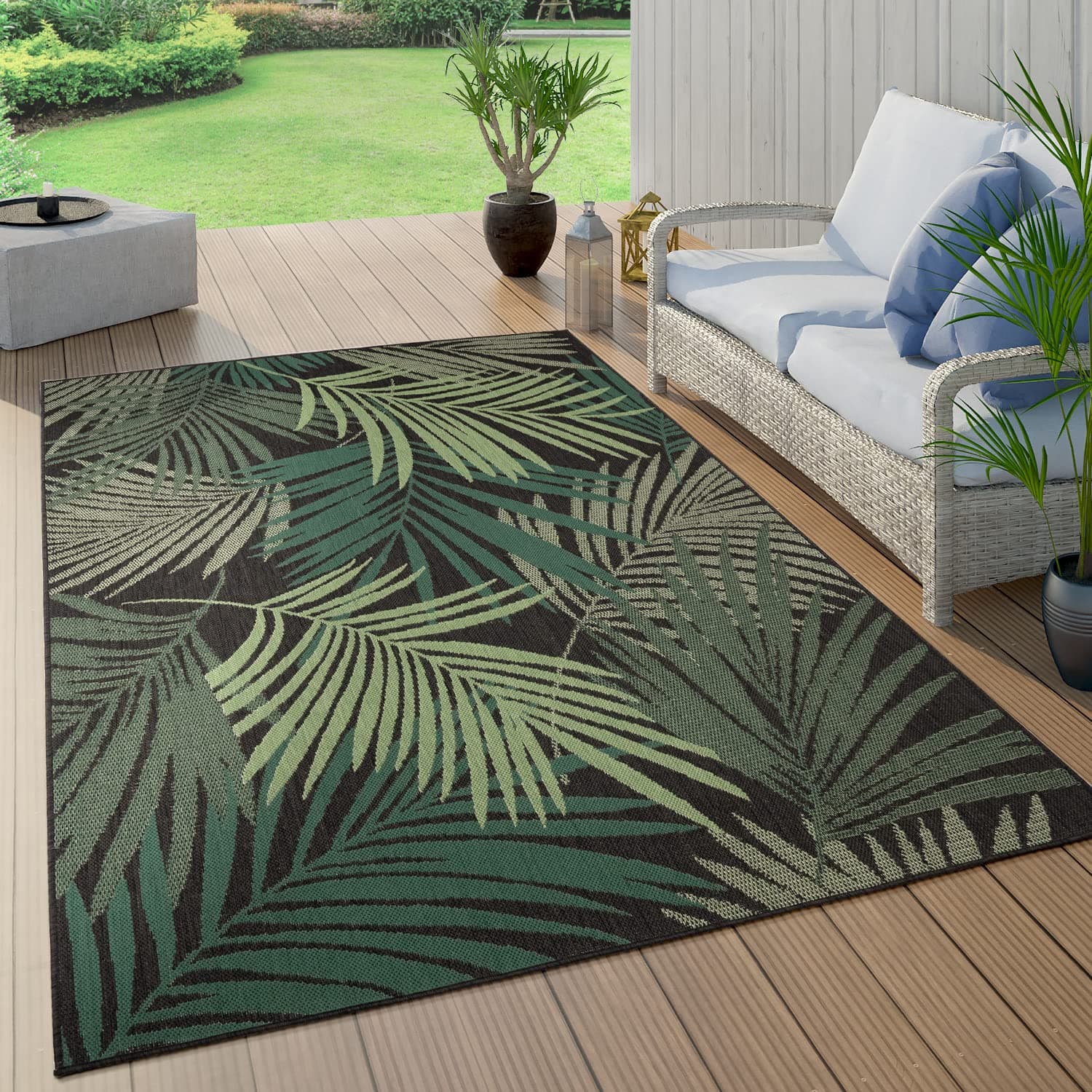 🌴 Paco Home Outdoor Teppich Wetterfest 🌿 Flur Balkon Palmen Dschungel Florales Boho Muster 🌺 Grün, Grösse: 120 cm Rund, Farbe: Schwarz