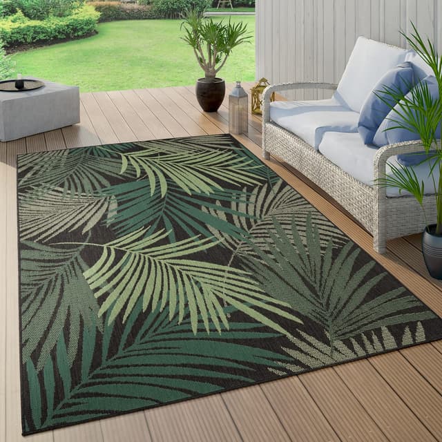 🌴 Paco Home Outdoor Teppich Wetterfest 🌿 Flur Balkon Palmen Dschungel Florales Boho Muster 🌺 Grün, Grösse: 120 cm Rund, Farbe: Schwarz