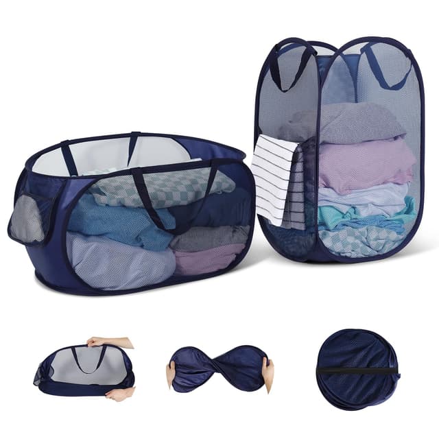🌟 WUFANC Pop Up Wäschekorb Faltbar 2 Stück (34*34*60cm/28*33*59cm) Navy Blau 1 Vertikal +1 Horizontal 🌟