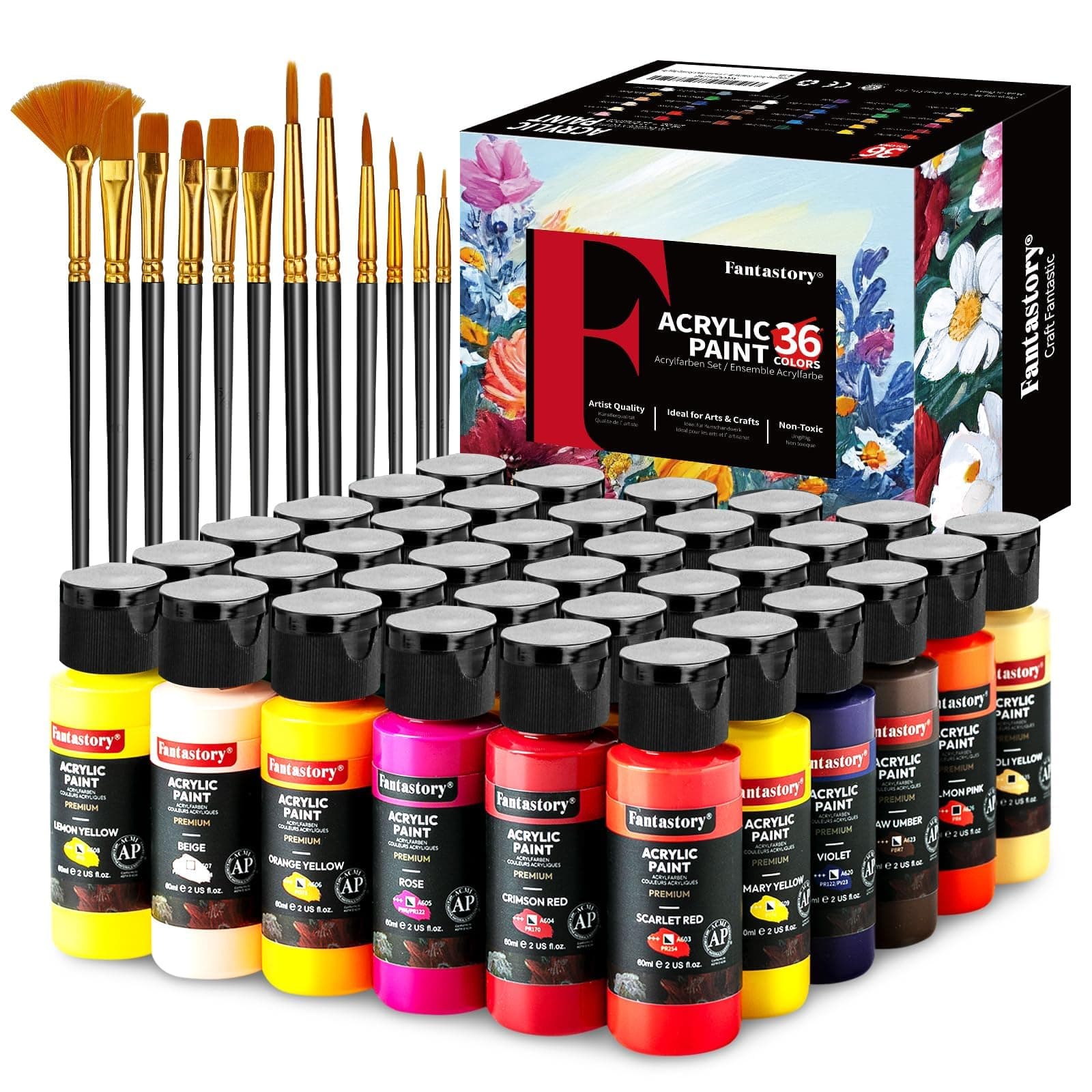 Fantastory Acrylfarben Set, 60mlx36 klassische Acrylic Paint, 12 Pinseln 🎨🖌️