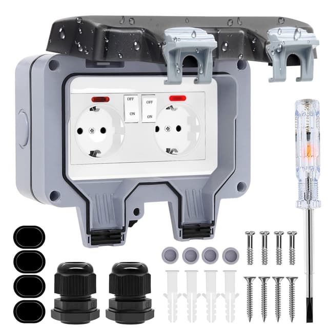 🔌🌧️ IP66 Wasserdichte Außensteckdose mit Schalter und Kontrollleuchte - 2-Fach Steckdose für den Garten