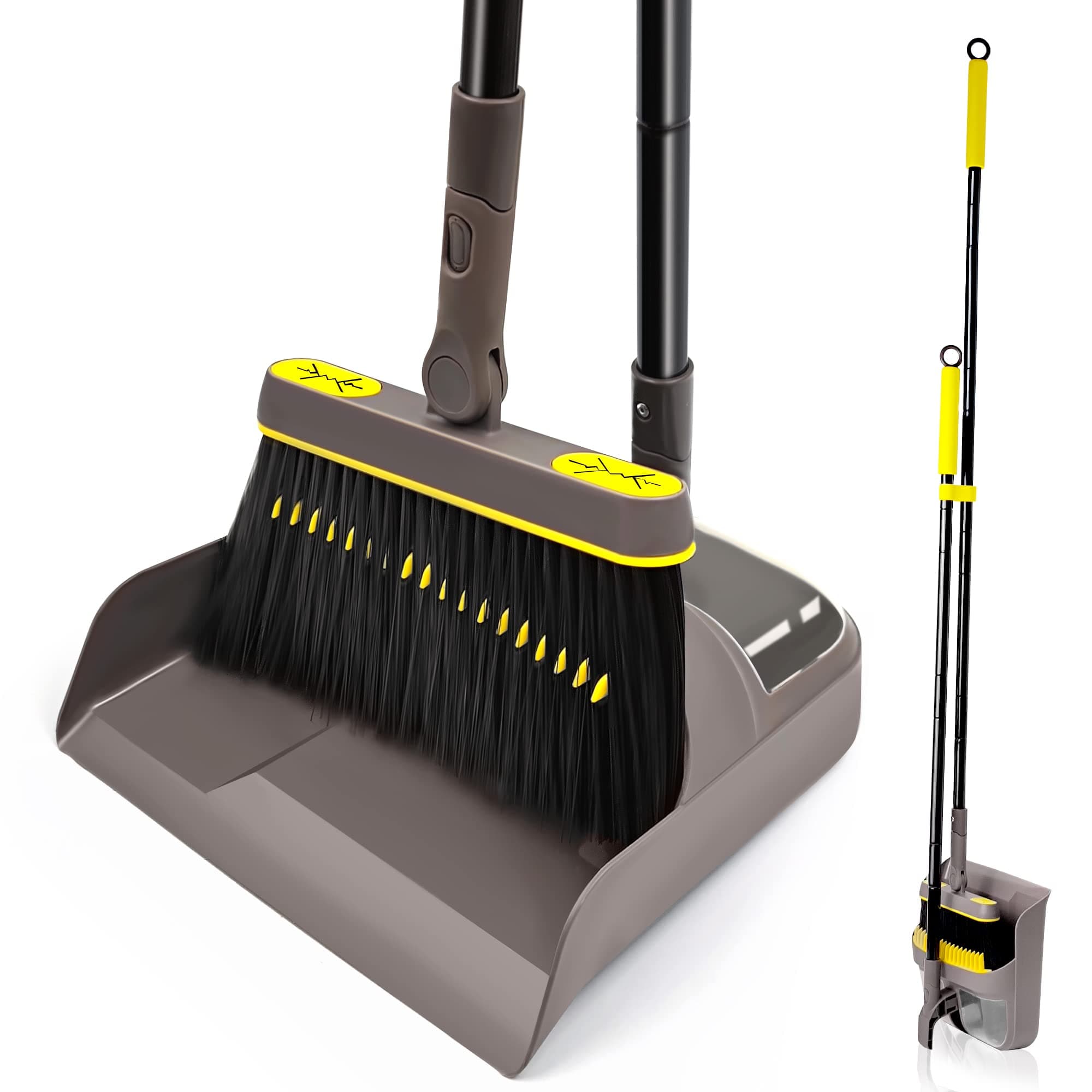 JEHONN Besen und Kehrschaufel Set mit Langem Stiel 138CM, 180 Grad Drehbar Camping Kehrbesen Innen und Schaufel für Vorzelt, Haus, Büro, Lobby, Terrasse Brown Yellow 🧹
