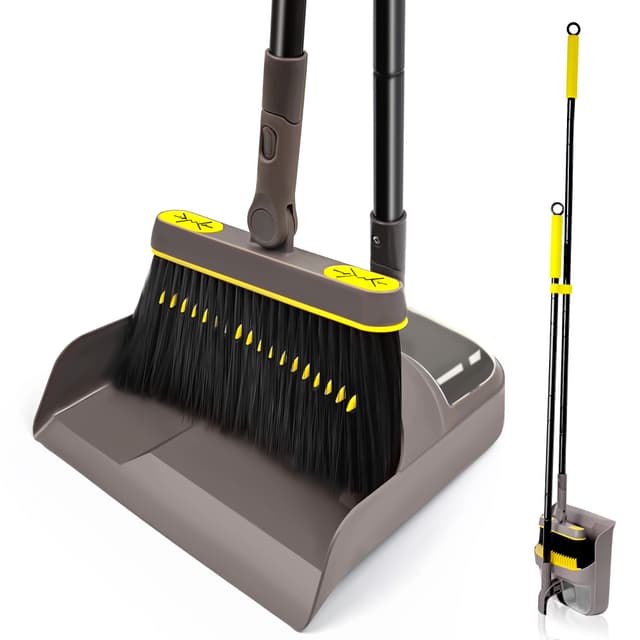 JEHONN Besen und Kehrschaufel Set mit Langem Stiel 138CM, 180 Grad Drehbar Camping Kehrbesen Innen und Schaufel für Vorzelt, Haus, Büro, Lobby, Terrasse Brown Yellow 🧹