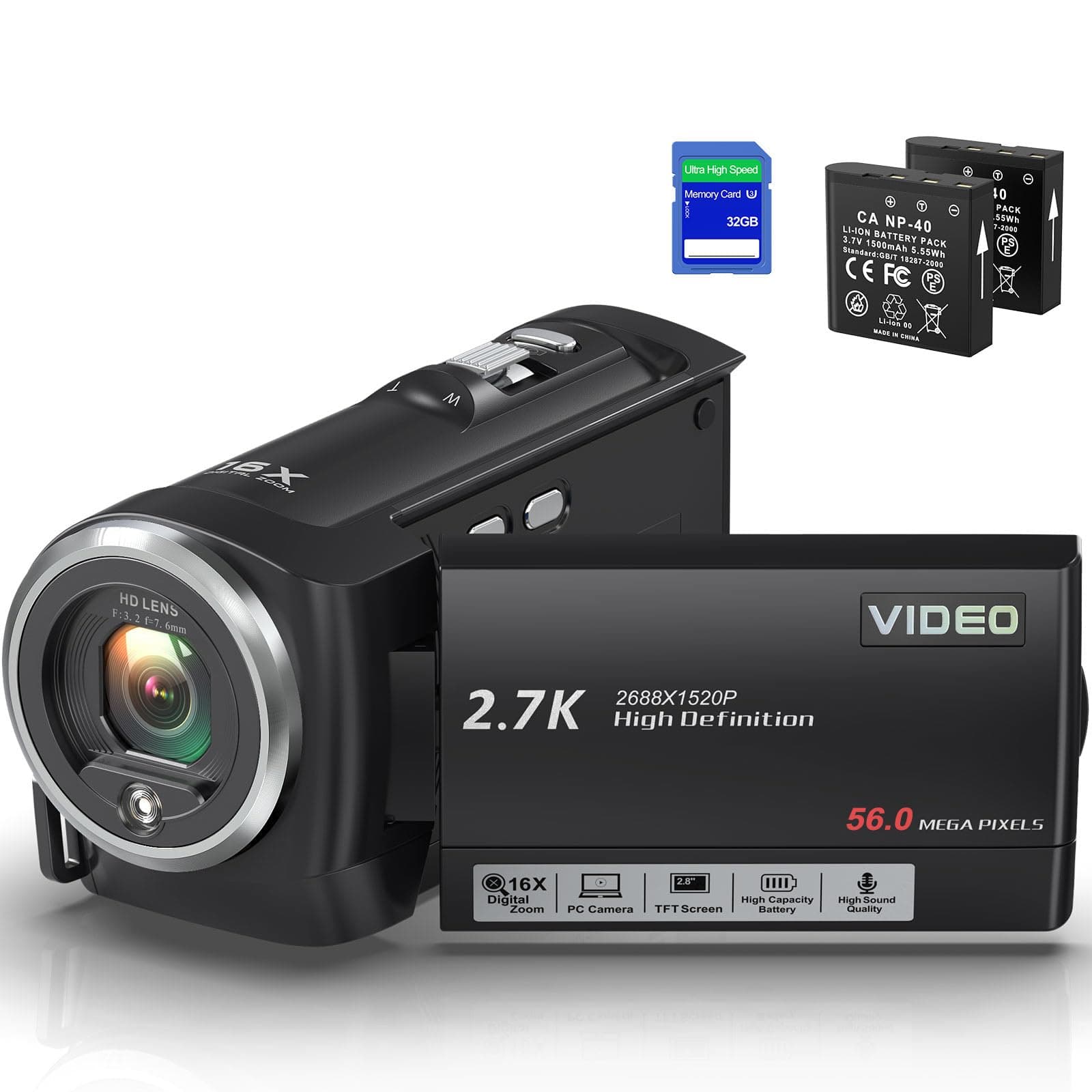 Delmodes Videokamera 2.7K Camcorder 56MP 16X Digitalzoom Vlogging Camera mit LED-Fülllicht für YouTube