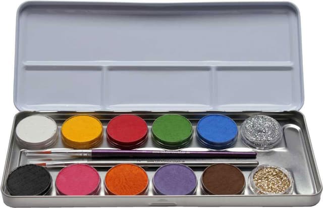 🎨 EULENSPIEGEL Schminkpalette 10 Farben 2x Glitzer 2x Pinsel Metalletui Metall-Schminkpalette 12er Kombi