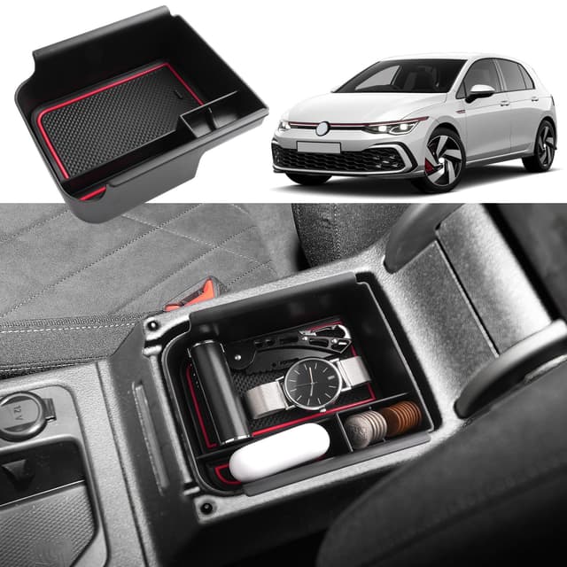 🚗 Coleya Mittelkonsole Aufbewahrungsbox für VW Golf 8 8.5 GTI GTD GTE 2020-2025 (Rot) - Armlehnen Zubehör