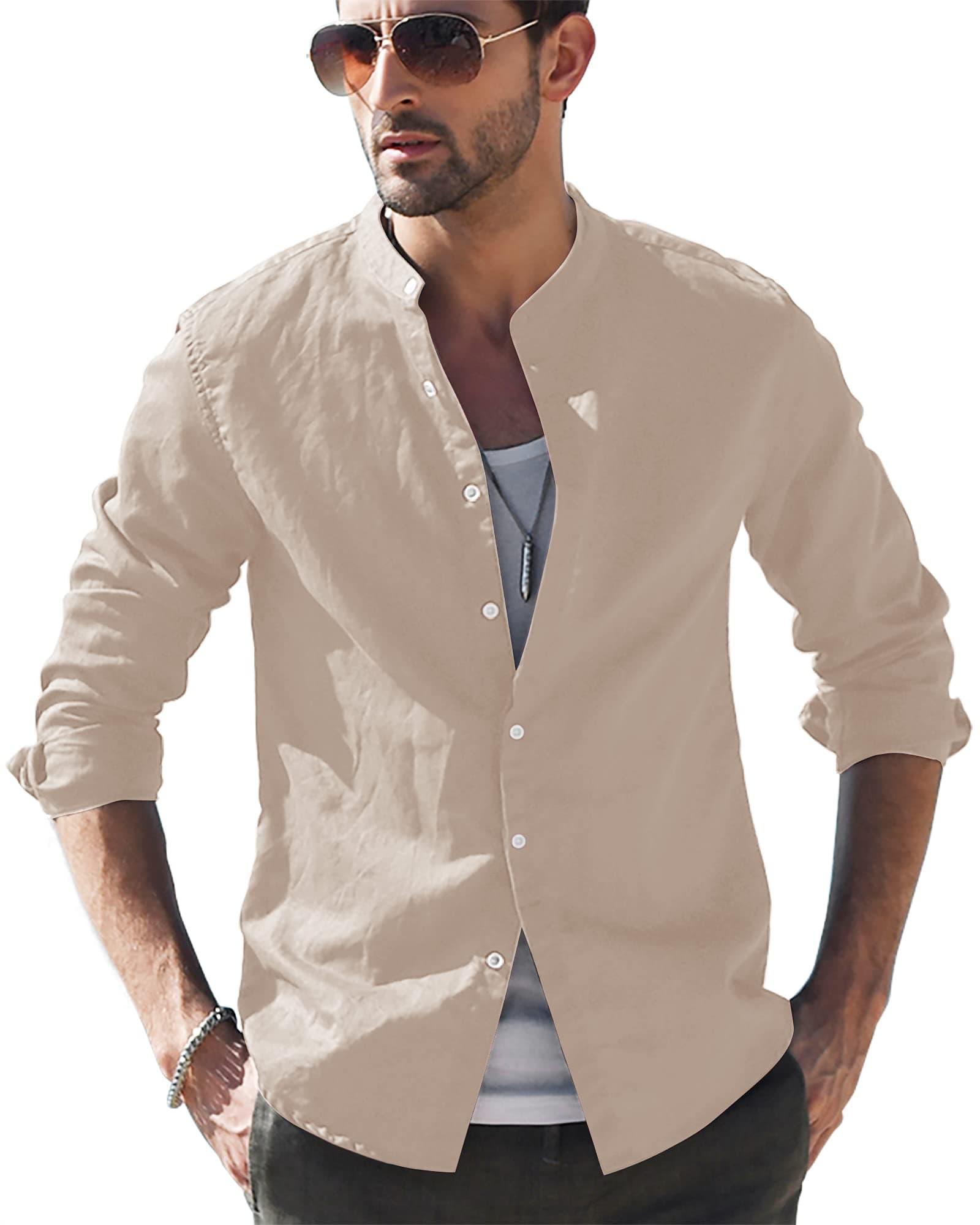 LVCBL Hemd Herren Langarm Henley Sommerhemd 3XL 02khaki