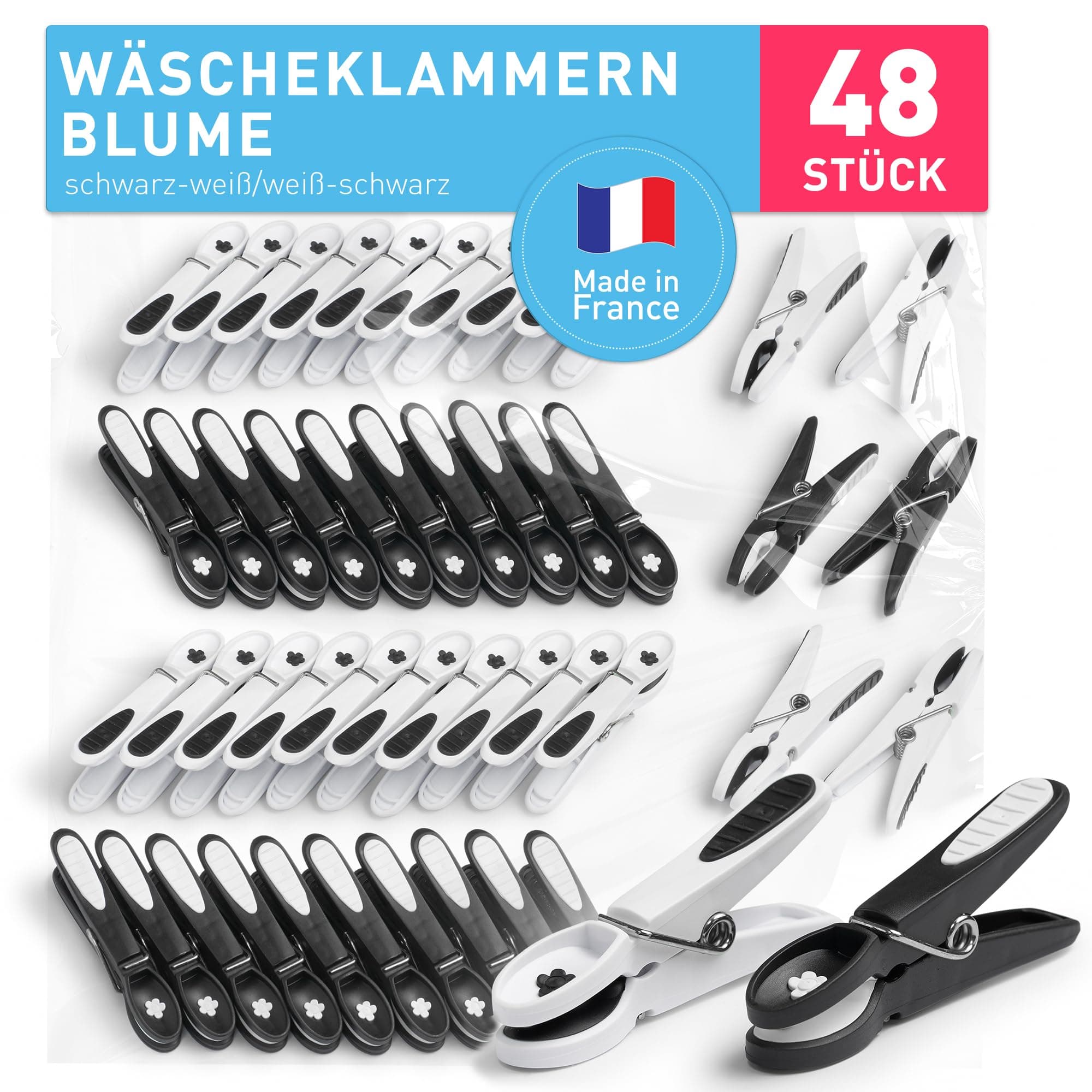 Culiclean Wäscheklammern ohne Abdruck stabil in Blume Design - 48x Wäscheklammer Schwarz Weiß
