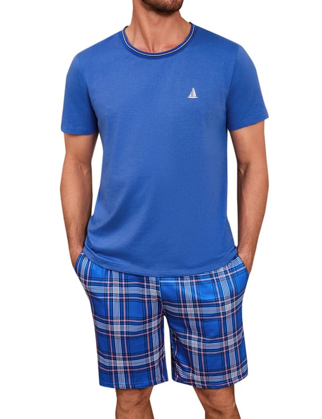 Jahetuul Schlafanzug Herren kurz Schlafhose Karomuster Pyjama XL Blau 😴👕