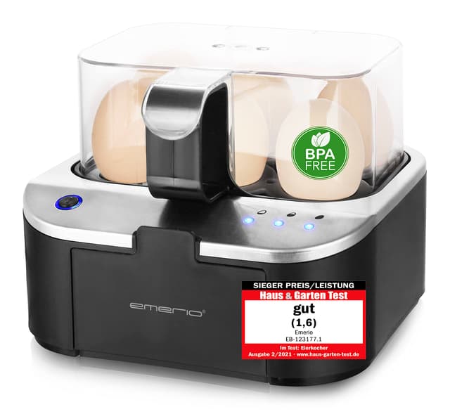🥚🍳 EMERIO sprechender Eierkocher SIEGER Preis/Leistung NEUHEIT Schwarz, Silber