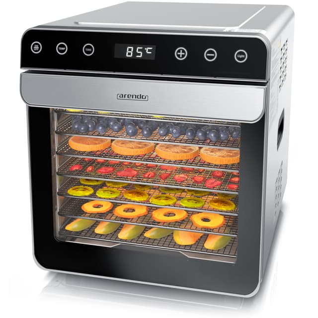 Arendo - Dörrautomat Edelstahl mit 8 Edelstahlgitter - 700 W - 35°-85°C - 8 Edelstahl Einlegetabletts - Premium Dörrautomat
