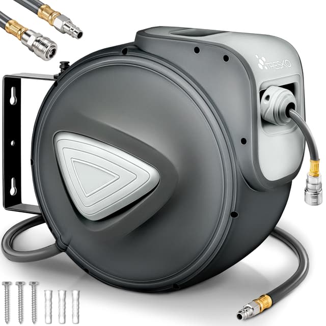 🔥 Angebot: TRESKO® 20m Druckluftschlauch Aufroller automatisch | Schlauchtrommel Grau