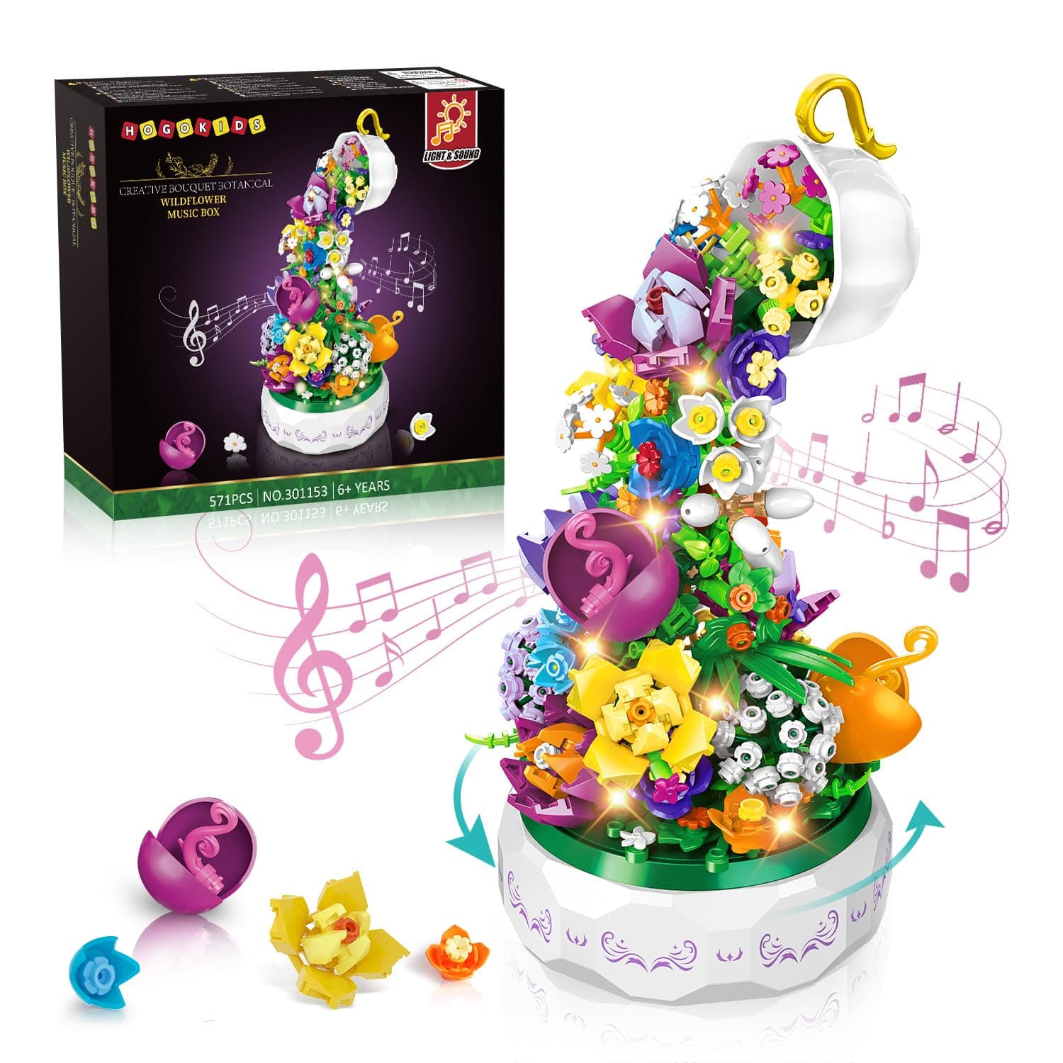 🌹🎶 HOGOKIDS Blumen Musik Bauspielzeug mit LED Licht - Botanik Sammlung-Set