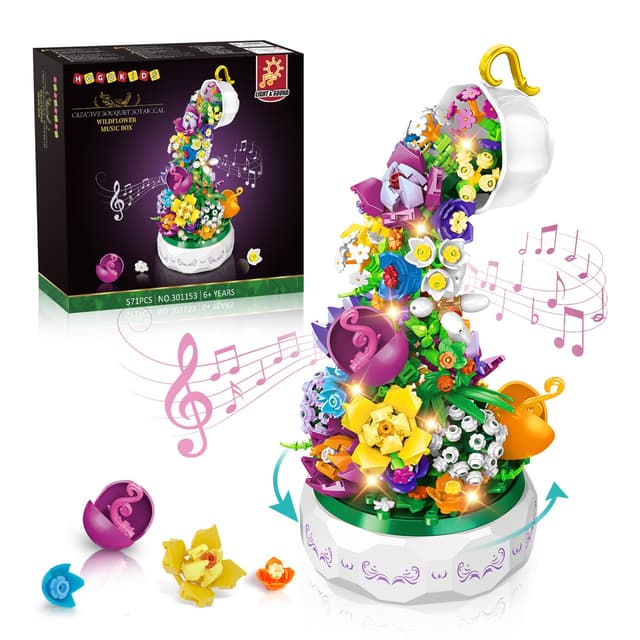🌹🎶 HOGOKIDS Blumen Musik Bauspielzeug mit LED Licht - Botanik Sammlung-Set