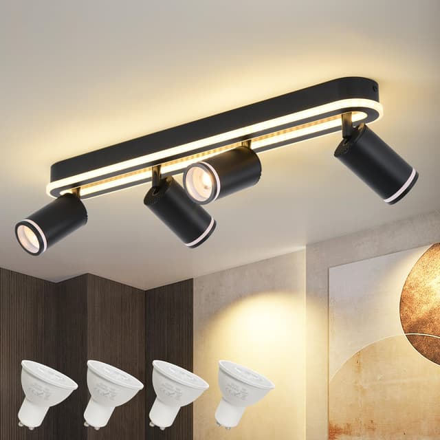 SANSHI Deckenleuchte 4 Flammig LED,Schwenkbar 350°Deckenstrahler,Deckenlampe mit unteres Glühen 36W+4x5W GU10 Spots,Modern Deckenspot Strahler 3000K Warmweiß,Spotlight Lampe für Wohnzimmer,Schwarz Schwarz 4 Flammig 🌟