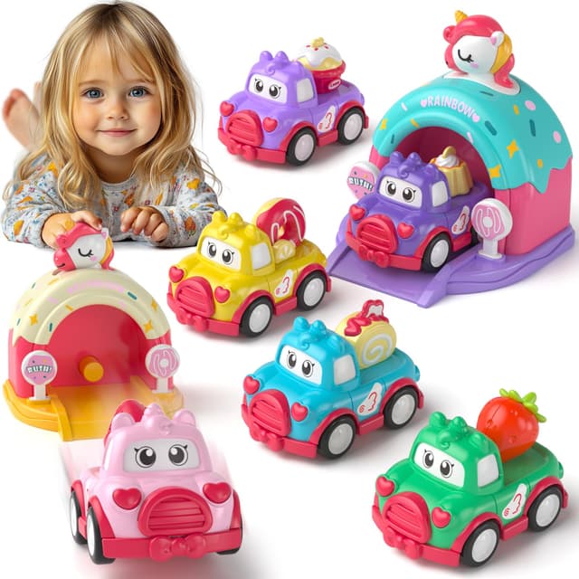 🚗 usrela Cartoon Auto Babyspielzeug für 1 2 Jahre Mädchen | Erste Geburtstagsgeschenke für Kleinkind Mädchen Spielzeug 1-2 | 1 2 Jahre Mädchen Geburtstagsgeschenk | Zurückziehen Auto Set mit Projekti