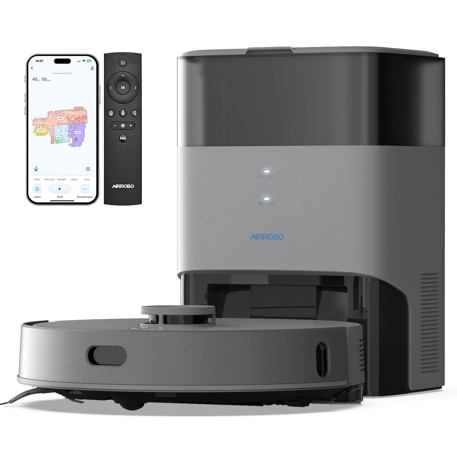 AIRROBO Saugroboter mit Wischfunktion und Absaugstation, T25+ Staubsauger Roboter 5500Pa, Saug und Wischroboter LiDAR Navigation