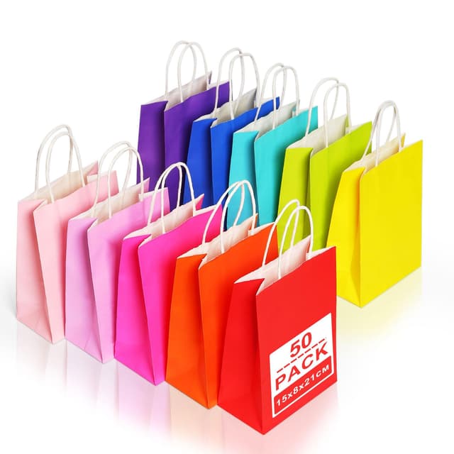 Gucass 50 Stück Klein Papiertüten mit Henkel 🎁🎨 - Bunt Geschenktaschen Kraftpapiertüte