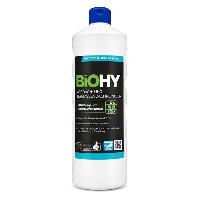 BiOHY Vordach- und Terrassenreiniger (1l Flasche) | Bio Konzentrat für Glasdächer, Kunststoffdächer, Wintergärten