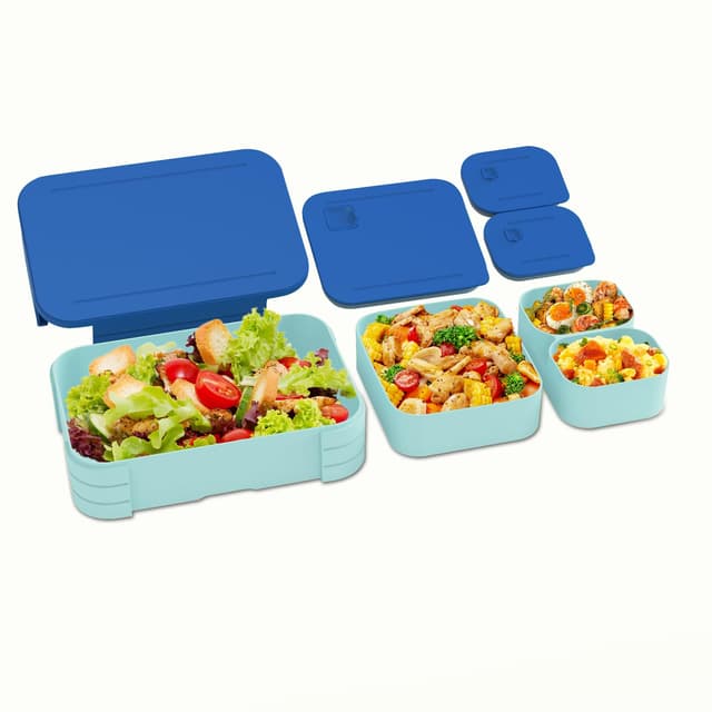 🍱 XJIANFU Brotdose Kinder mit Fächern, Auslaufsichere 3 In 1 Bento-Box, Kinder-Lunchbox (Blau) 🎁