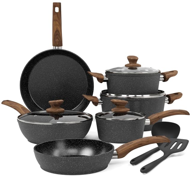 Angebot: Kitchen Academy Induktion Töpfe Set - 12-teilige Schwarze Granit Kochtöpfe Set 🔥