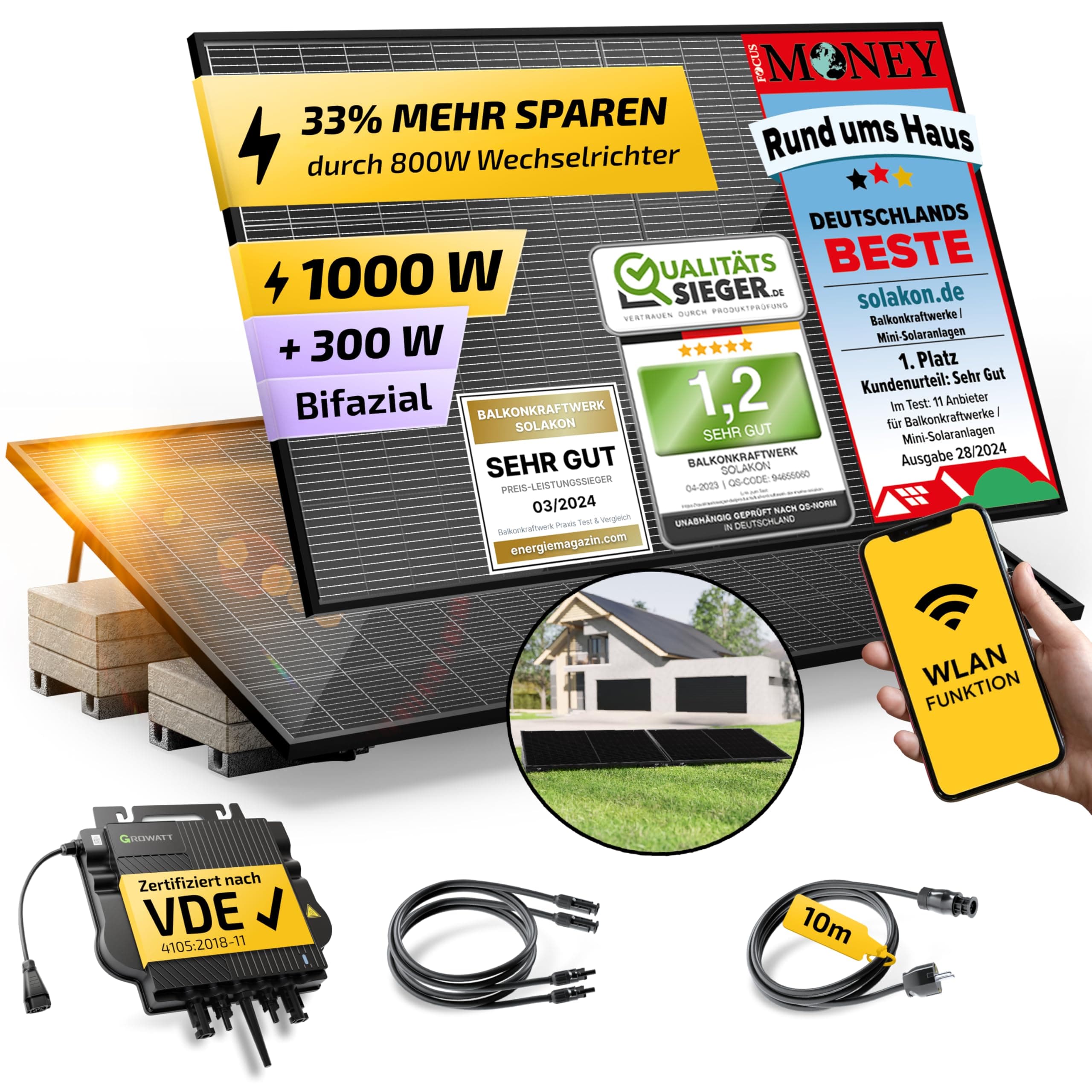 Solakon® 1000W Balkonkraftwerk mit Halterung (Flachdach) - Angebot!
