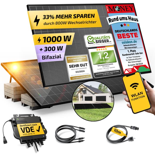 Solakon® 1000W Balkonkraftwerk mit Halterung (Flachdach) - Angebot!