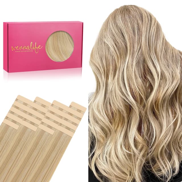 WENNALIFE Tape Extensions Echthaar, 20pcs 50g 35cm 14 Zoll Hellblond Highlights Goldblond Remy Invisible Tape Extensions
