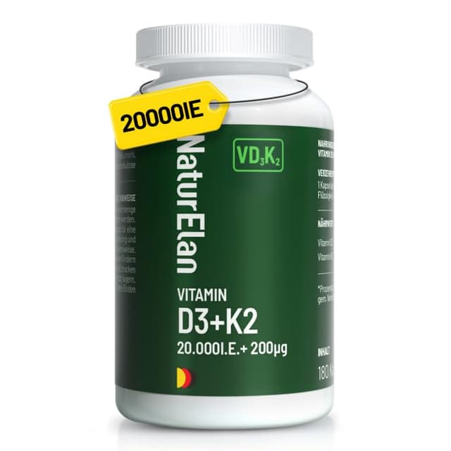 🌞 SUPERGÜNSTIGE Vitamin D3 K2 Kapseln hochdosiert - 20000I.E. + Vitamin K2 MK7 200 mcg pro Dosis