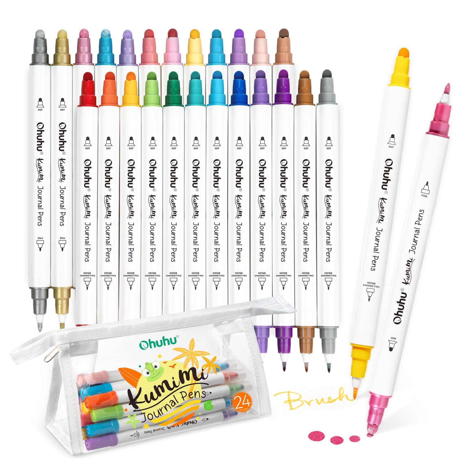 Ohuhu Dot Marker Stifte 24 Farben, Dual Tips (Kalligraphie Pinsel & Dot) Stifte einschließlich Metallic, Pastell, Primärfarben