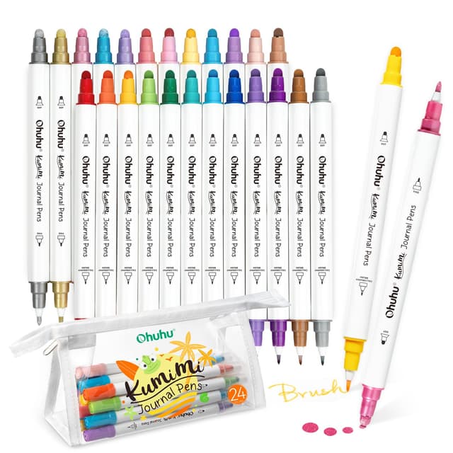 Ohuhu Dot Marker Stifte 24 Farben, Dual Tips (Kalligraphie Pinsel & Dot) Stifte einschließlich Metallic, Pastell, Primärfarben