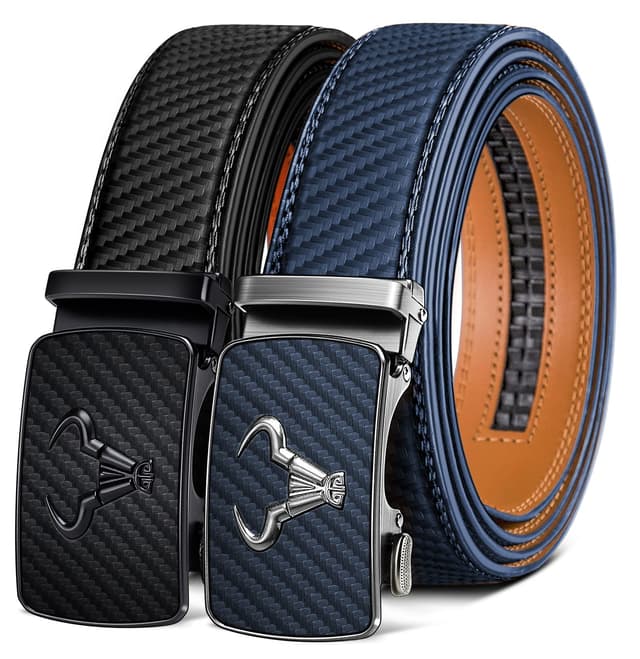 BULLIANT Gürtel Herren 2er, Gürtel Ratsche Automatikschließe Ledergürtel für Herren Verstellbar 35mm Breit mit Geschenkbox 130cm/38"-44"taille verstellbar 2pack-schwarz/Purpurblau3314 🎁👖