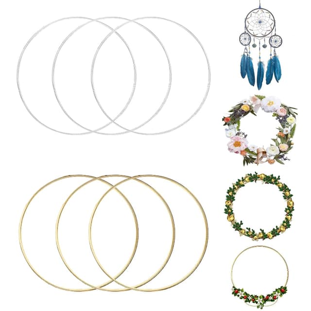 Metallringe zum Basteln, 6 Stück 20cm Metallring, Hoop Ring Handgemachtes Zubehör DIY Dreamcatcher Runde Metall für Geschenk Dekor(Gold Silber)