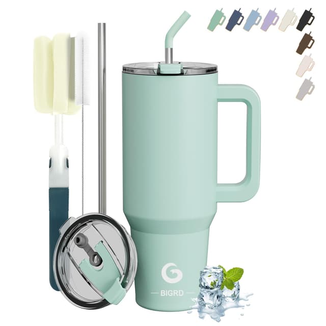 🌊 BIGRD 40 oz Edelstahl-Vakuumisolierter Thermobecher mit 2 Strohhalmen & Deckel, Spülmaschinenfest BPA-frei, Kaffeebecher für Kalt und Heiß (Meergrün) 🚗☕