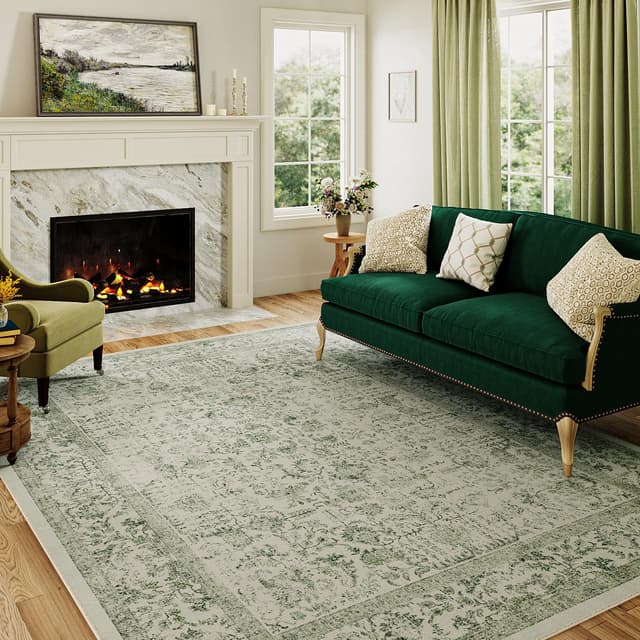 🌿🏡 HUGEAR Vintage Grün Waschbarer Teppich Wohnzimmer 240x300cm 🌟 Retro Rugs for Living Room
