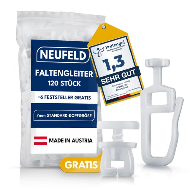 NEUFELD® 120 Gardinengleiter für Innenlaufschienen (inkl. 6 Feststeller) | 7mm Faltengleiter für Gardinenschienen, Vorhangschienen | Gardinenrollen 120 Mit 6 Feststellern 😍🏡