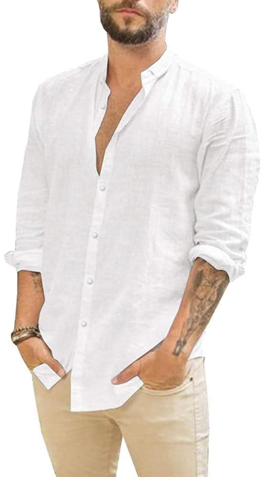 👔 Friptspyg Leinenhemd Herren Hemd Langarm Baumwolle Leinen Hemden Button-Down Freizeithemden Casual Regular Fit Sommerhemd L Weiß